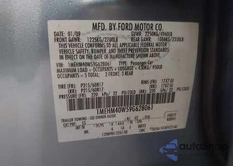 2009 Mercury Sable from USA, damaged, VIN 1MEHM40W59G628061